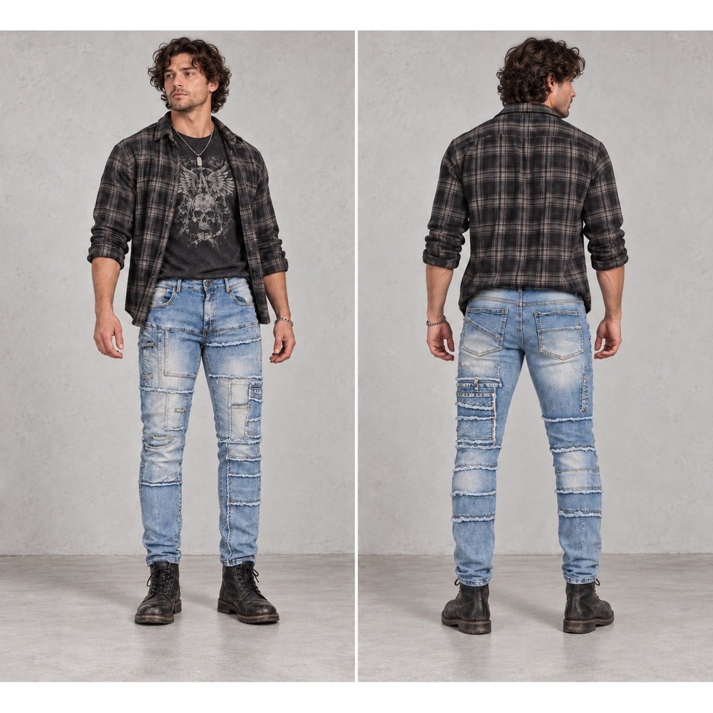 Streetwear Grunge FWRD Mens Patchwork Frayed Denim LightWash Cargo 40x32 Jeans